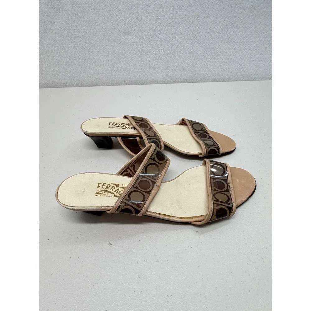 Salvatore Ferragamo Gancini Logo Lucite Block Heel Slide Sandals Tan 9.5 B